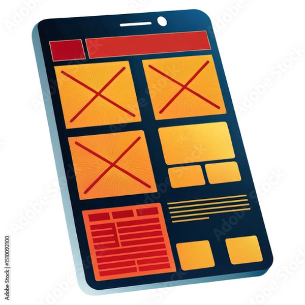 Fototapeta A digital tablet displaying a user interface wireframe with various layout elements and placeholders.