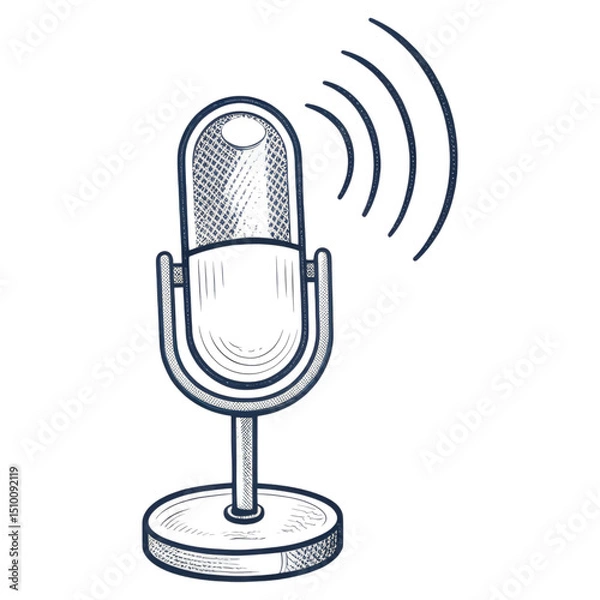 Fototapeta A classic microphone with sound waves emanating from it, illustrated in a sketch style.