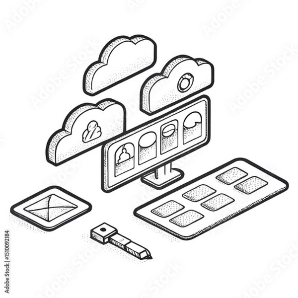 Fototapeta Isometric illustration of cloud computing icons, a monitor, a stylus, and a tablet interface.