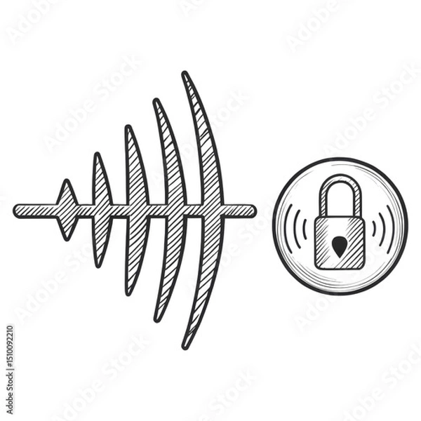 Fototapeta A sketched soundwave icon next to a padlock symbol.