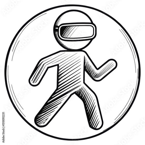 Fototapeta A stick figure wearing a helmet and visor depicted in a walking pose.