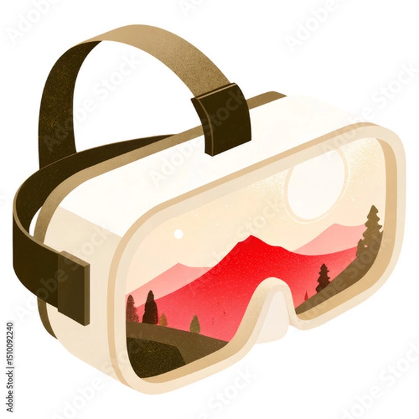 Fototapeta Virtual reality headset displaying a scenic mountain landscape with trees and a bright sun.