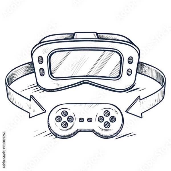Fototapeta A virtual reality headset and a game controller are illustrated with sketch-style lines and arrows indicating interaction.