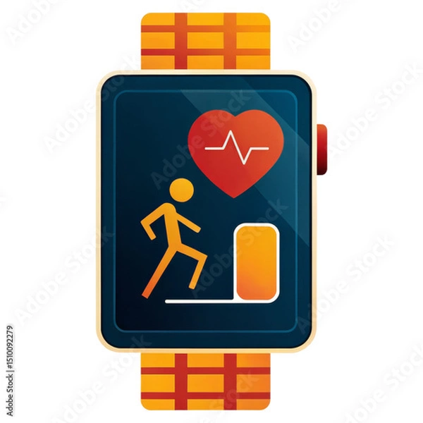 Fototapeta A smartwatch displaying fitness tracking icons including a heart rate and step counter.