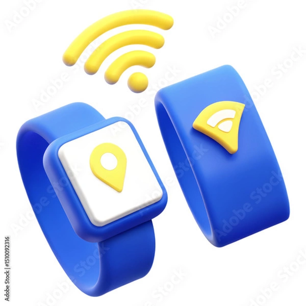 Fototapeta Blue smart wristbands featuring location and connectivity symbols.