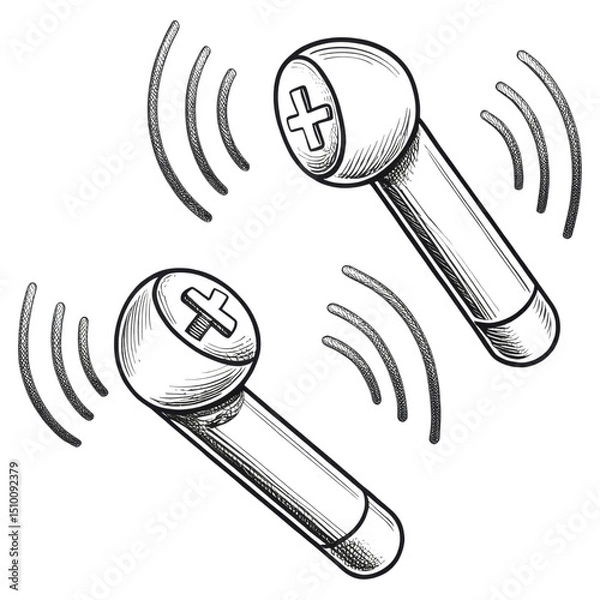 Fototapeta Two wireless earbuds with sound waves depicted around them.