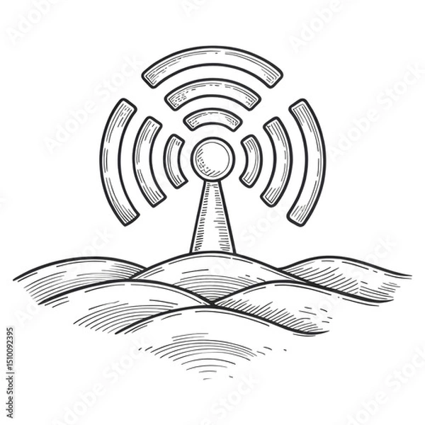 Fototapeta A stylized antenna tower emits signal waves over curved lines resembling hills.
