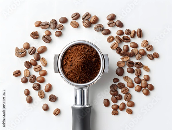 Fototapeta Portafilter filled with espresso-ground coffee.