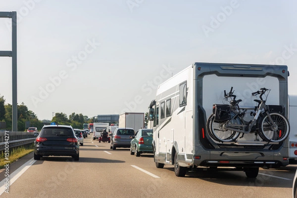 Fototapeta Back tail view of many cars stuck in row at highway road traffic jam cold overcast rainy winter day at Europe. Automobile accident vehicle rush hour collapse. Transportation vacation seasonal stuck