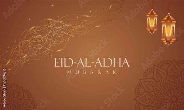 Fototapeta Elegant Eid-al-Adha background with golden lanterns, glowing waves, and subtle mandala art on a warm brown gradient. Perfect for Islamic holiday greetings and festive design themes.
