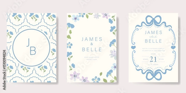 Fototapeta Elegant wedding invitation card background vector. Minimal hand drawn ribbon frame and floral frame template background. Design illustration for wedding, vip cover, poster, rsvp modern card.