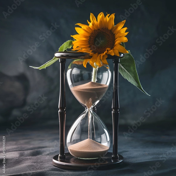 Obraz A conceptual still life with a sand-filled hourglass, a vibrant sunflower, and a green leaf, symbolizing time and nature's beauty, set against a dark background.
