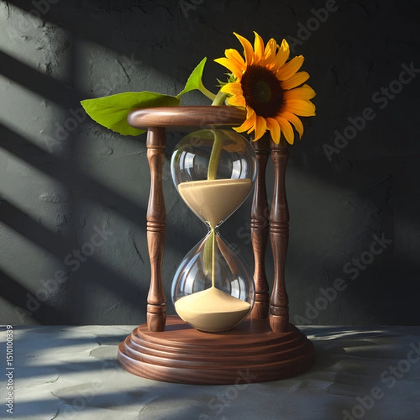 Obraz A conceptual still life with a sand-filled hourglass, a vibrant sunflower, and a green leaf, symbolizing time and nature's beauty, set against a dark background.