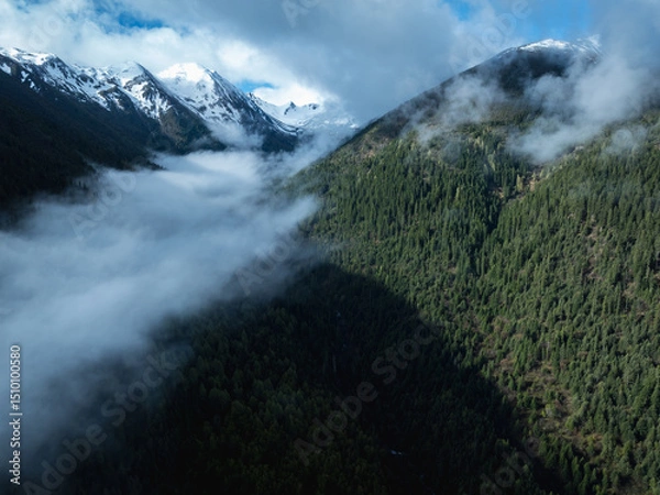 Fototapeta Aerial view of beautiful high altitude snow capped mountain and forest landscape