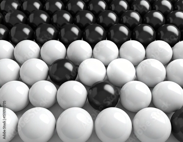 Fototapeta Minimalistic 3D rendering of alternating black and white glossy spheres arranged in a geometric grid pattern with high contrast.