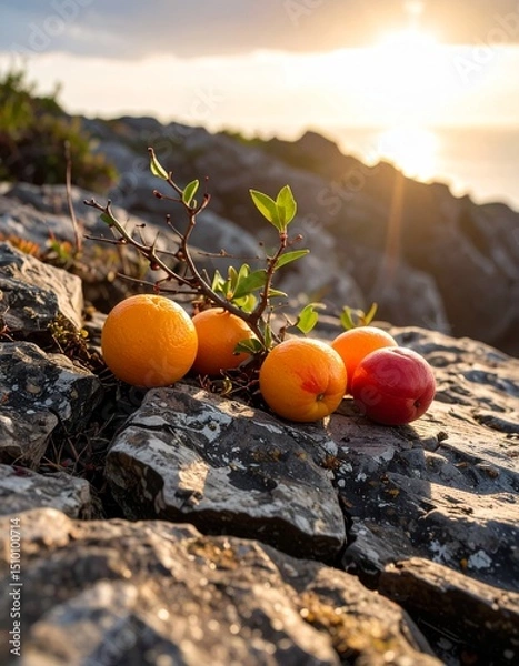 Fototapeta Fresh oranges and red plum rest on rugged rocks by the sea at golden hour, capturing a natural, rustic summer vibe.