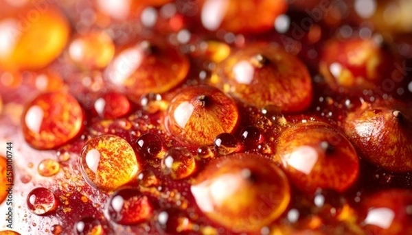 Fototapeta Close-up macro image of red currant berries with glistening juice droplets, showcasing rich textures and vibrant warm colors.