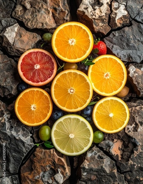 Fototapeta Colorful citrus and berry fruit slices arranged in a circular pattern over textured cracked stone background, evoking natural freshness and contrast.