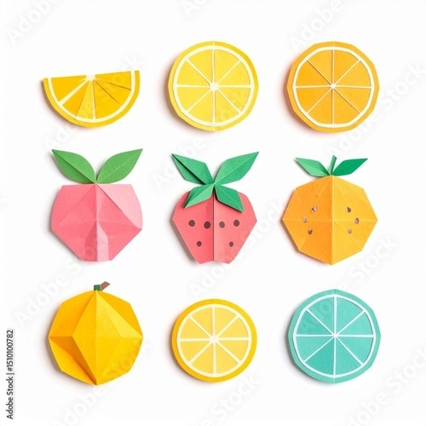Fototapeta Flat lay of geometric paper origami fruits including citrus slices, apple, strawberry, and lemon on a clean white background.