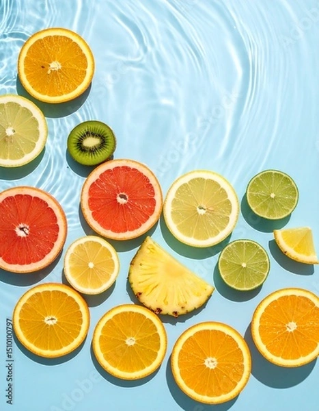 Fototapeta Colorful slices of citrus and tropical fruits floating on blue water with sunlight reflections, evoking summer, freshness, and health.