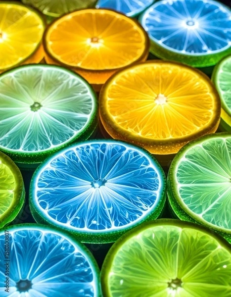 Fototapeta Close-up of colorful citrus fruit slices glowing in blue, green, and yellow tones, creating a vibrant and surreal visual effect.