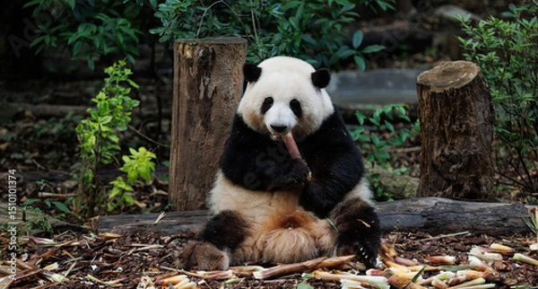 Fototapeta Giant panda He hua (hua hua)eat bamboo shoots in the zoo, china
