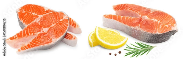 Fototapeta slice of raw fish, salmon, trout, steak with lemon isolated on white background, clipping path