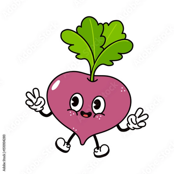Obraz A cheerful cartoon Beet character giving a peace sign with a happy expression on a white background.