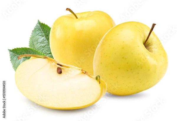 Fototapeta yellow apples with green leaf and slices isolated on a white background. clipping path