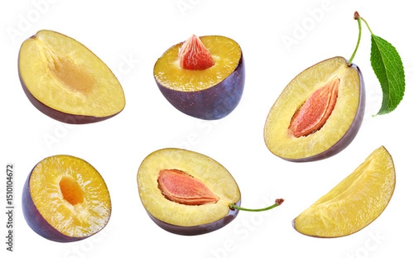 Fototapeta fresh plum fruit with green leaf isolated on white background. clipping path