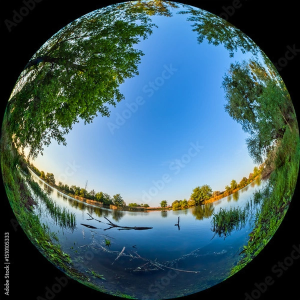 Obraz Fisheye view of river bank with tree. A river in a non-urban area with picturesque nature. Countryside landscape on summer day. Fulldome HDR format photo for planetarium, taken through a circular lens