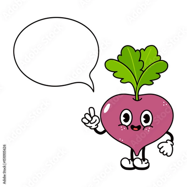 Obraz Cheerful cartoon Beetroot gesturing peace sign, holding blank speech bubble ready for personalized message