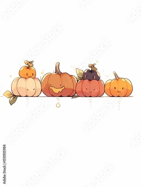 Obraz Five pumpkins with cartoon faces, sparkles, arranged in a row against white background, Halloween art
