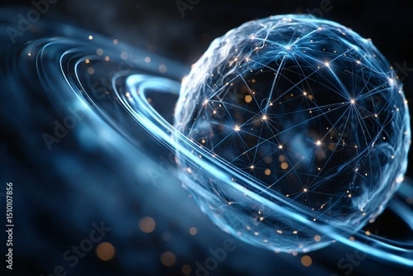 Obraz Connected World: An intricate network of data streams, swirling around a glowing sphere, symbolizing the interconnectedness of the digital age.