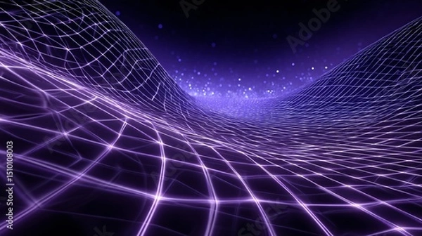 Fototapeta Cybernetic Landscape: An ethereal, digital rendering of interconnected nodes forming a mesmerizing 3D grid, pulsating with vibrant, neon-like lines against a dark, starry backdrop.