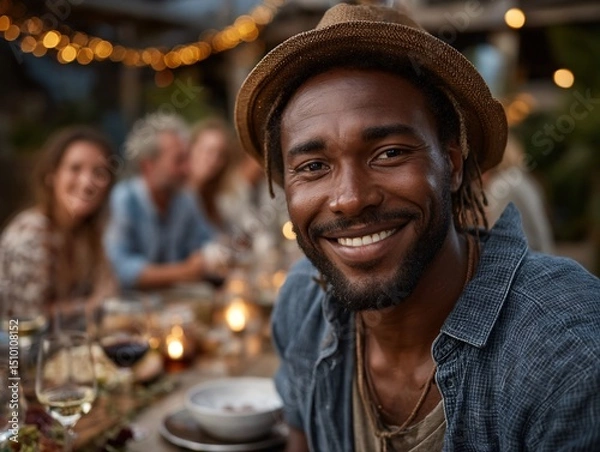 Fototapeta Smiling Man at Gathering: A charismatic man with a warm smile and stylish hat sits at a festive outdoor dinner party, surrounded by friends and family, capturing a moment of joy and togetherness.