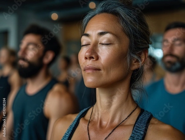 Fototapeta Inner Peace in Practice: Capturing a moment of profound calm during a mindfulness session, amidst the tranquil ambiance of a meditation class. It captures the serenity of a person, with eyes closed.
