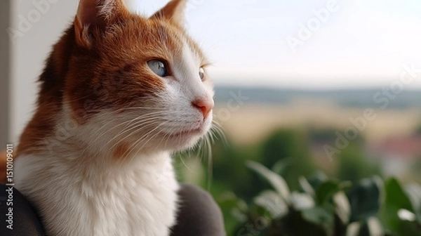 Fototapeta A Cat's contemplation: An orange and white cat gazes thoughtfully towards the horizon, embodying tranquility and introspective reflection.