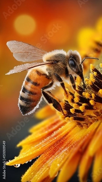 Fototapeta The Humble Bee's Delight: A close-up shot of a bee delicately collecting nectar from a vibrant sunflower, capturing the golden hues and the industrious nature of this tiny pollinator. 