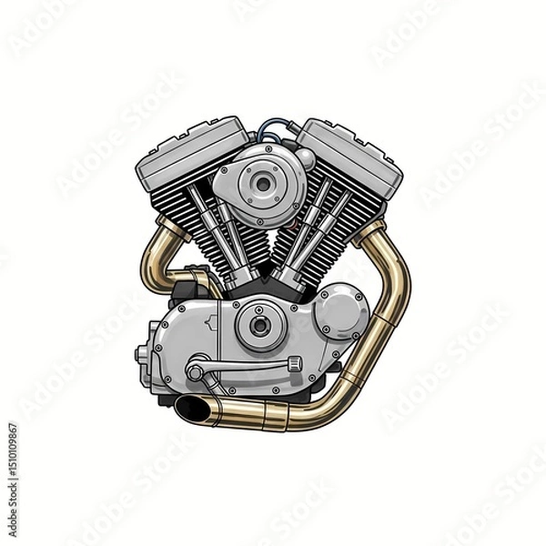 Obraz A fictional cartoon caricature illustration of a chrome motorcycle engine isolated against a white background. bike, part, isolated, mechanical, drawing, artwork, metal, design, white background, rev