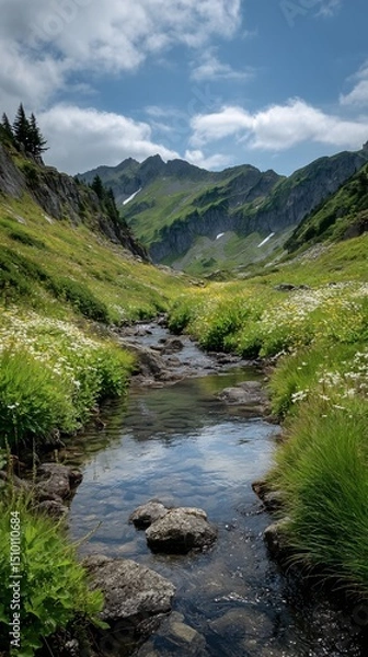Fototapeta Mountain Stream Serenity: A tranquil mountain stream reflects the sky and surrounding peaks, winding its way through a vibrant meadow dotted with wildflowers.