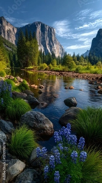 Fototapeta Serene Mountain Vista: A breathtaking view of majestic mountains reflected in a tranquil river, with lush green vegetation in the foreground and a bright blue sky above.