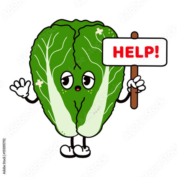 Obraz Cartoon Napa Cabbage holding a help sign, expressing exhaustion and a strong need for assistance with a worried and distressed look