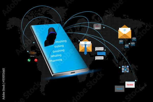 Obraz Concept of cyber attack. Smartphone and Computer Cybersecurity.