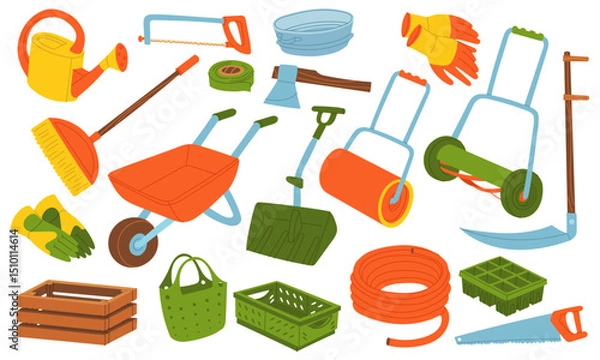 Fototapeta set of gardening tools. Flat color illustration. Watering can, gloves, scythe, wheelbarrow. Gardening tools. Seasonal work. product for agricultural crops. Suitable for ecology, garden, household