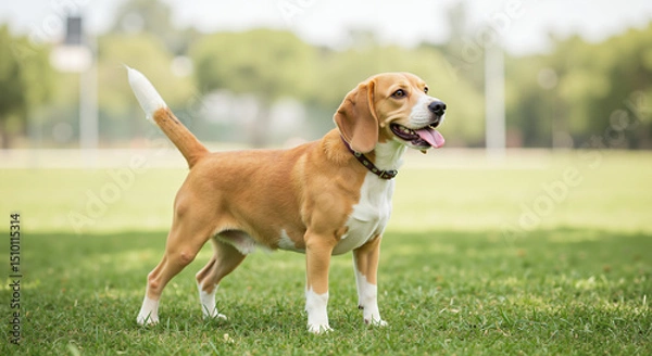 Obraz Happy beagle dog standing on green grass in sunny park  