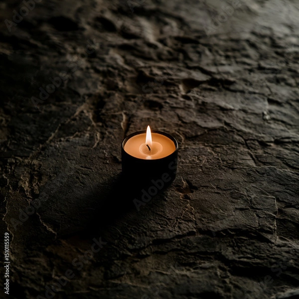 Obraz A black candle, lit with a small flame, creates a minimalistic atmosphere with a warm glow, surrounded by darkness and high contrast lighting.