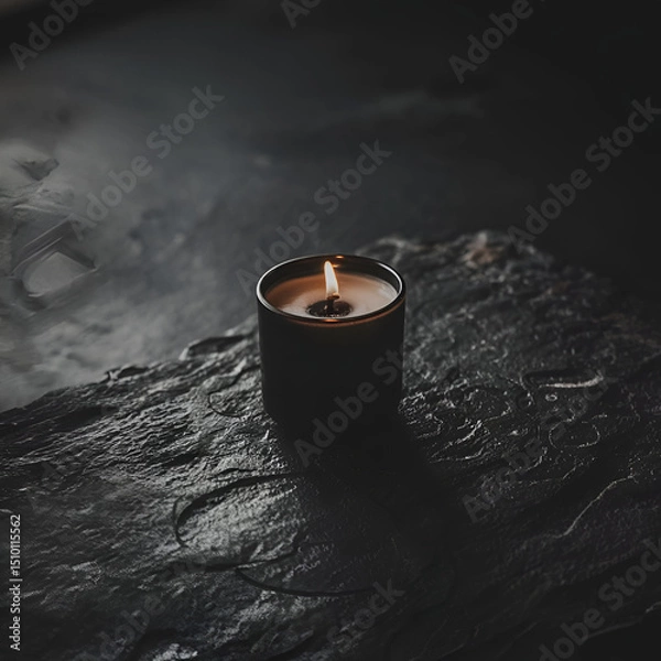 Obraz A black candle, lit with a small flame, creates a minimalistic atmosphere with a warm glow, surrounded by darkness and high contrast lighting.