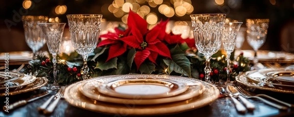 Obraz elegant holiday dinner table with silverware, frosted glass goblets, and a centerpiece of poinsettias and glowing candles, Generative AI