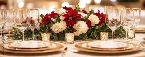 Obraz elegant holiday dinner table with silverware, frosted glass goblets, and a centerpiece of poinsettias and glowing candles, Generative AI